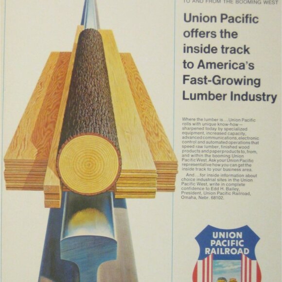Vintage Union Pacific Railroad Lumber Industry Print Ad 1960s Train Rail Tree - Picture 2 of 2